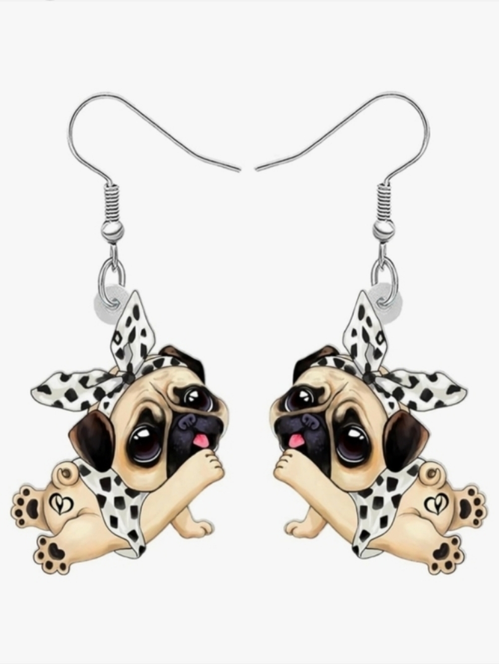 Cute Pug Dog Dangle Earrings - Black & Cream Pug Design